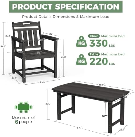 HDPE Outdoor Patio Dining Set with Table & 4 Chairs, All-Weather 5-Piece Outdoor Table and Chairs, 2" Umbrella Hole, Patio Furniture for Garden, Backyard, Deck | Matte Black - Image 2