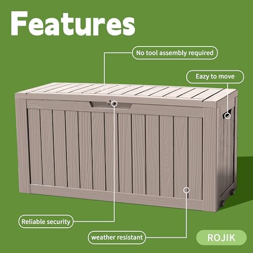 ROJIK Outdoor Storage Housing Deck Box - Waterproof Patio Furniture, Garden Tools, Cushions, Pool Accessories Storage Bench with Lockable Lid and Side Handles (Grey 90 Gal) - Image 3