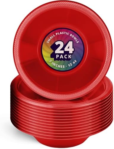 DecorRack 24 Red Plastic Bowls, 7 in Disposable 12 oz Bowl by DecorRack