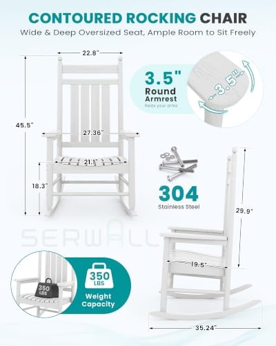 SERWALL Comfortable Outdoor Rocking Chairs Set of 2, White - Image 2