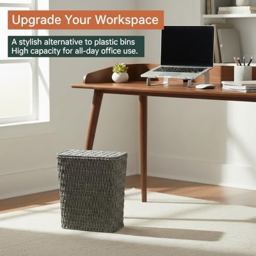 Coeusy 3 Gallon Paper Rope Bathroom Trash Can,Small Wicker Trash Cans with Lid and Liner,Woven Rattan Narrow Waste Basket for Bedroom,Office,Grey - Image 5