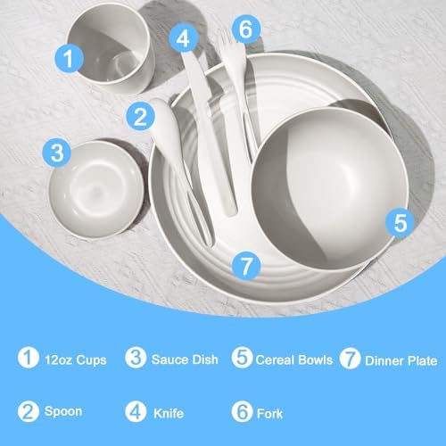 Wrova Wheat straw dinnerware sets - 28 Pieces dish sets service for 4 - Lightweight and Unbreakable Plates and Bowls Sets for Travelling and Camping.White - Image 3