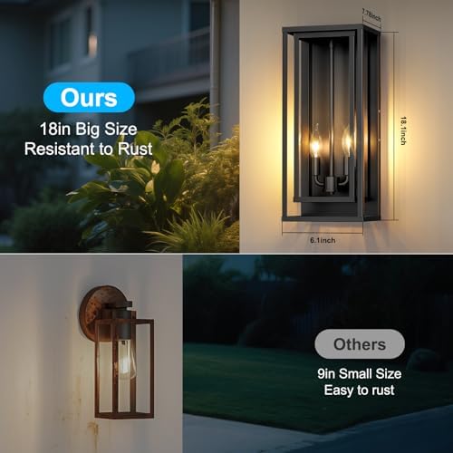 Large Outdoor Wall Lanterns, 18” Exterior Waterproof Rectangular Sconce - Image 4