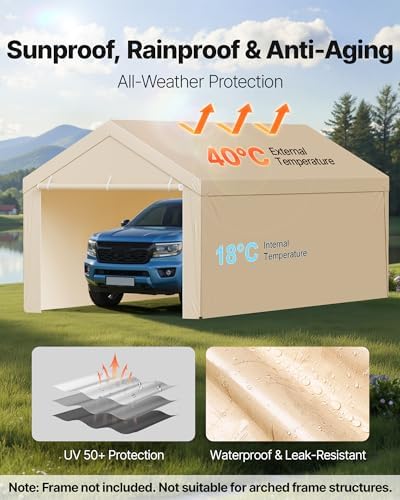 VEVOR Carport Replacement Canopy Cover, 10 x 20 ft Potable Garage Tent Top Tarp with Sidewalls, UV-Resistant & Waterproof, Heavy Duty Car Shelter Tarp with Ball Buggees, Beige, Frame Not Included - Image 4