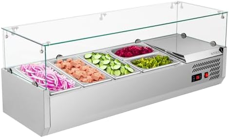 ROVSUN 48" Refrigerated Condiment Prep Station ETL NSF, 25.1QT Sandwich Prep Table Salad Bar Prep Rail w/Auto Defrost Temp Control Glass Shield 3 1/3 Pan & 2 1/4 Pan for Restaurant Food Truck by ROVSUN