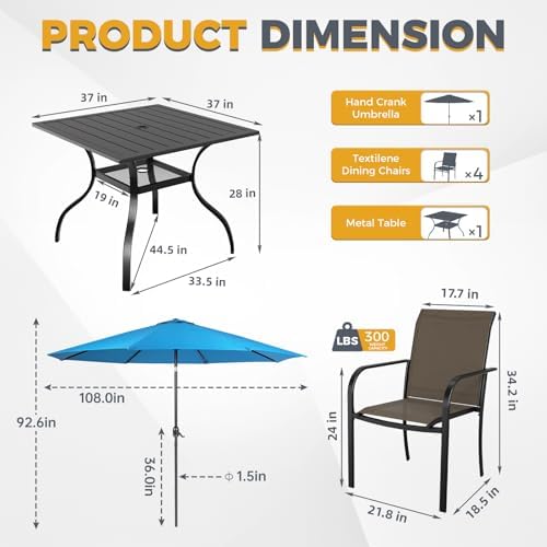Incbruce 6 Pieces Patio Dining Set with Sky Blue Umbrella, Outdoor Dining Set of 4 Textilene Chairs and Square Table with Umbrella Hole for Backyard, Garden, and Poolside (Brown) - Image 5