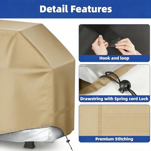 BBQ Gas Grill Cover for Outdoor, Anti-UV, Rip-Proof, 600D Oxford Fade Resistant Material, Barbecue Cover with Hook and Loop Straps & Adjustable Hem Drawstring (Beige, 58”x24”x46”) - Image 5