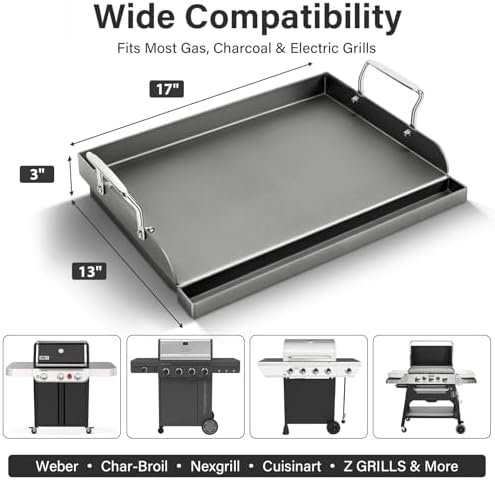 17" x 13" Cast Iron Flat Top Griddle - Oil Coating Non-Toxic - Universal Grill Insert with High Sidewalls, Fits Gas/Charcoal/Electric Grills (Weber, Charbroil, Nexgrill, More) - Image 2