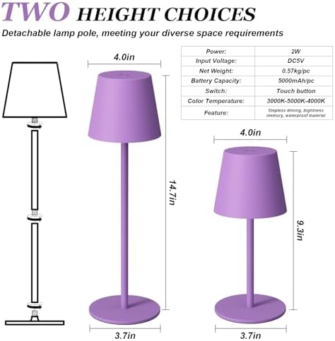 Kakanuo Cordless Table Lamp Rechargeable Purple - KK 2 Pack 5000mAH Battery Operated Lamp for Counter, 3 Color Stepless Dimming Wireless Lamp for Dining Kitchen, Outdoor Patio, Touch Control - Image 5