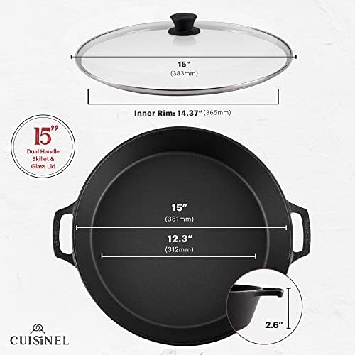 Cuisinel Cast Iron Skillet + Glass Lid + Red Chainmail Scrubber - 15"-Inch Dual Handle Braiser Frying Pan + Silicone Handle Covers - Pre-Seasoned Oven Cookware - Indoor/Outdoor. PFAS and PFOA-free - Image 5