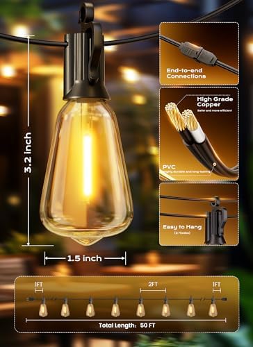 Brightown Outdoor String Lights, 50FT 25+2 LED ST38 LED Patio Lights Shatterproof, Dimmable IP65 Waterproof Connectable Hanging Outdoor Light for Backyard, Porch, Deck, Balcony - Image 7