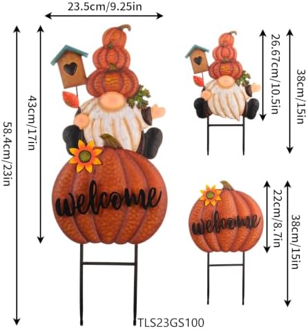 TERESA'S COLLECTIONS Fall Outdoor Decor, Gnomes Decorations for Yard, Metal Pumpkin Fall Garden Decorations, Welcome Signs Stakes, Thanksgiving Orange Autumn Decor for Lawn Patio, 23" - Image 4