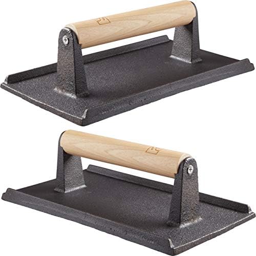 Pro Grade, Pre Seasoned Cast Iron Grill Weight 2Pk. Heavy Duty Steak and Burger Press with Wooden Handle for Grills, Griddles and Flattops. Perfect Gadget for Bacon, Paninis, Sandwiches and Vegetables by FoodRestaurantSupplies