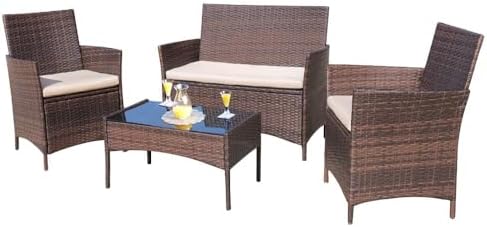 Homall 4 Pieces Outdoor Patio Furniture Set, Rattan Chairs, Brown & Beige by Homall