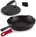 Cast Iron Skillet + Grill Press + Scraper Set - 12"-inch Pre-Seasoned Frying Pan + Silicone Handle Grip - 7" Round Burger Smasher - Indoor/Outdoor, Stove, Oven, Grill, Induction Kitchen Cookware by Cuisinel