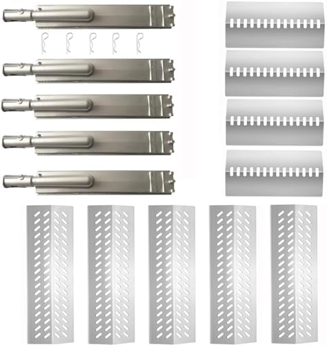 5pcs 16516 Stainless Steel Burners for Bull Grill Replacement Parts + 5pcs 16631 Flame Tamer Flavor Bar + 4pcs 16520 Heat Plate Shield Set,Fits for Bull, Lion, Cal Flame 5 Burner Gas Grills by GRILLJOB