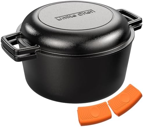 2-in-1 Pre-Seasoned Cast Iron Double Dutch Oven Pot with Skillet Lid & Silicone Sleeves – Raised Rib Skillet Lid– Umite Chef 7QT Cast Iron Skillet Cookware Pan Set wirh Dual Handles – Oven, Grill, Campfire & Stovetop Safe –PFAS-Free by UmiteChef