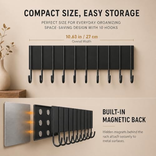 Magnetic Key Holder For Fridge With 10 Hooks, Magnetic Utensil Holder For Wall, Strong Magnetic Key Hanger Hooks Organizer, Magnent Key Rack For Kitchen Metal Door Garage Grill Tools Coat Towel Purse - Image 6