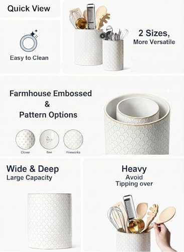 LE TAUCI Kitchen Utensil Holder for Countertop - 7.1"+5.4" Ceramic Utensil Crock Set of 2, Large Cooking Utensil Organizer for Spatula, Spoon, Whisk - Farmhouse Storage, Embossed, Fireworks - Image 3