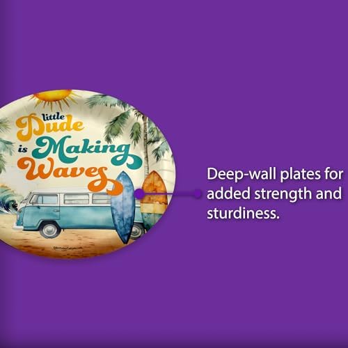 Birthday Galore Little Dude Making Waves Surfing Baby Shower - 32 Piece Disposable Party Supplies - Surfer Baby Shower Decorations - Round Party Plates - Large 9" Paper Plates In Bulk - Image 3