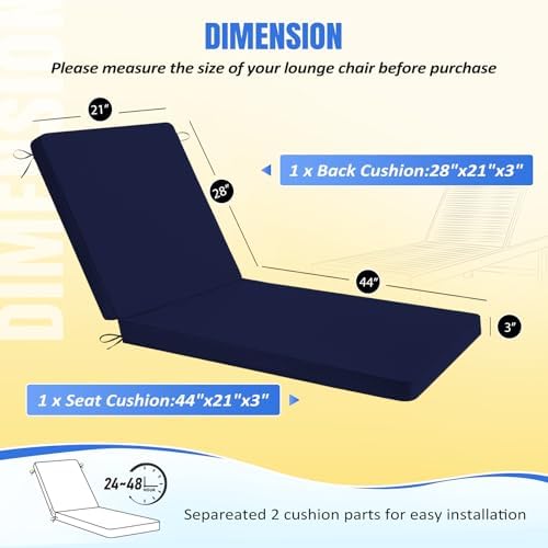 Basic Beyond Chaise Lounge Cushions Outdoor, 3-Layer Waterproof Outdoor Furniture Cushions with Removable Cover and 4 Ties, 72"x21"x3" Patio Lounge Chair Cushions for Outdoor Furniture, Navy - Image 4