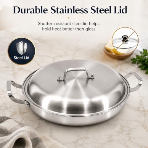 DELARLO 16 Inch Stainless Steel Paella Pan with Lid, 5-Ply Fully Clad,Jumbo Frying Pan for 12-14 Servings, PFOA & PTFE Free Skillet for Gas Stove, Great for Paella Parties Indoors Outdoors - Image 4