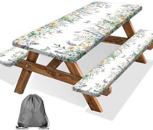 Floral Picnic Table Cover with Bench Covers, Camping Essentials, Leaves Flower Butterfly Waterproof Windproof, Fitted Tablecloth Cover with Elastic Edge, for Indoor, Outdoor, 3 PCS, 30x72 Inch by Xguatan