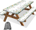 Floral Picnic Table Cover with Bench Covers, Camping Essentials, Leaves Flower Butterfly Waterproof Windproof, Fitted Tablecloth Cover with Elastic Edge, for Indoor, Outdoor, 3 PCS, 30x72 Inch by Xguatan