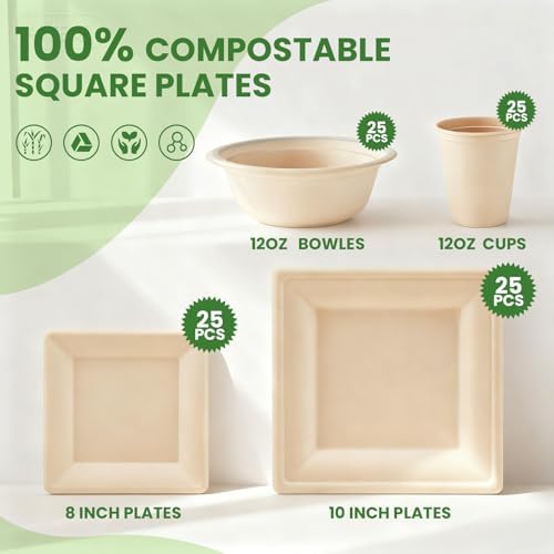 Havawish 100 Pcs Compostable Paper Plates and Bowls Set for 25 Guests, 10in & 8in Heavy Duty Sugarcane Disposable Plates 12 oz Biodegradable Cups and Paper Bowls, Party Camping Picnic(Beige) - Image 3