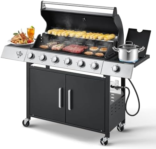MELLCOM Upgraded 60,000 BTU Stainless Steel Burner Barbecue Grill, 6 Burner BBQ Propane Gas Grill with Side Stove & Cast Iron Grates for Patio, Camping, Outdoor Cooking by MELLCOM