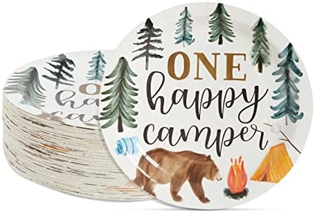 BLUE PANDA 80-Pack One Happy Camper Paper Plates - 9-Inch White Disposable Plates - Forest Bear & Campfire Design - Camping Theme Party & Baby Shower by BluePanda