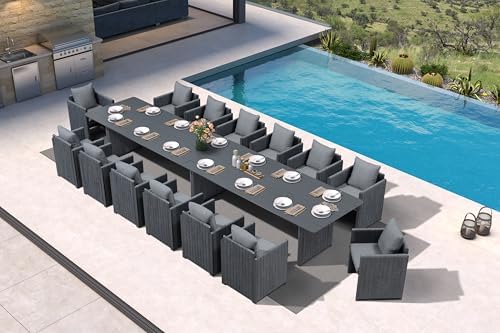 PURPLE LEAF Outdoor Dining Set Extra-Long for 14 with Olefin Armchairs Grey by PURPLELEAF