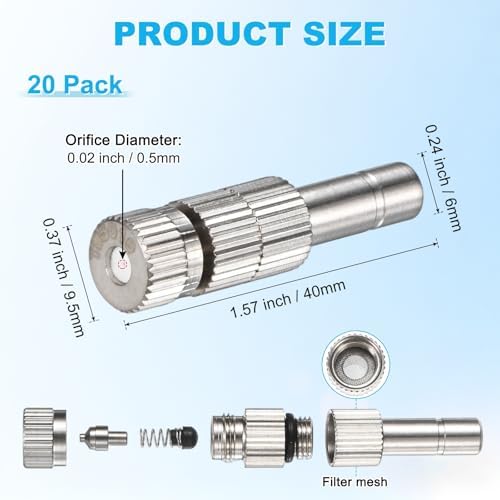 M METERXITY 20-Pack Brass Misting Nozzles, 0.02"/0.5mm Orifice Mister Replacement Heads with Filter Mesh for Cooling System/Landscaping/Humidification, 6mm Low-Pressure Fog Sprayer Nozzle - Image 3