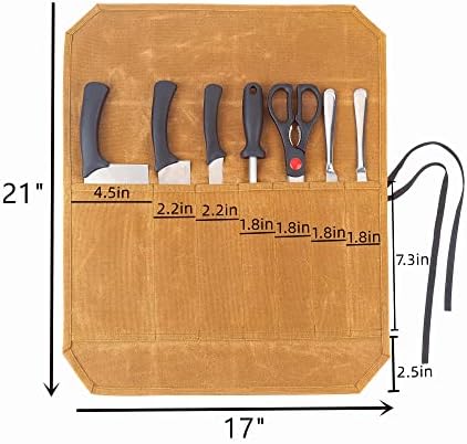 Denifiter Knife Cases Organizer-Durable 16OZ Waxed Canvas Knife Roll Construction-7 Pockets - (Khaki) - Image 2