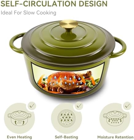 Miereirl 6 Quart Enameled Dutch Oven Pot with Lid, Cast Iron Dutch Oven with Dual Handles for Bread Baking, Cooking, Non-stick Enamel Coated Cookware, Golden Green - Image 6