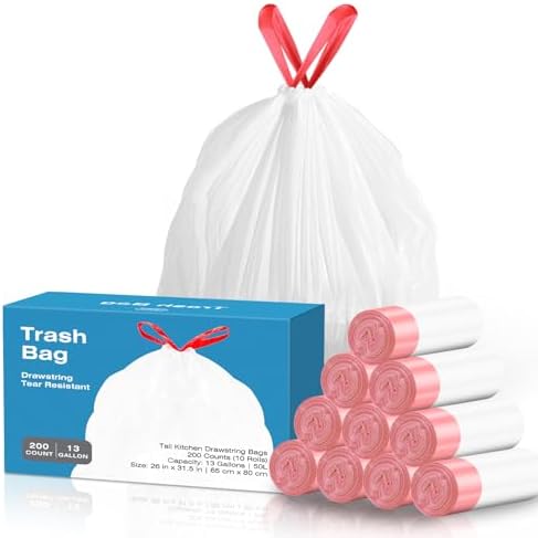 KdbK 13.2 Gallon Tall Kitchen Drawstring Trash Bags, 200 Count Pre-separated Garbage Bags, Unscented, Leak Proof, Waste Bag for Kitchen, Office, Home by trashcan