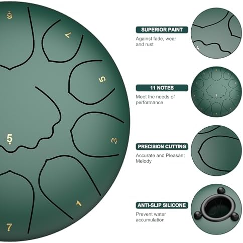 Rain Drum for Outside Garden, 8 Inches 11 Notes Steel Tongue Drum, Waterproof Meditation Rain Chime, Musical Instruments for Adult Gift with Bag, Music Book, Mallets (Green) - Image 2