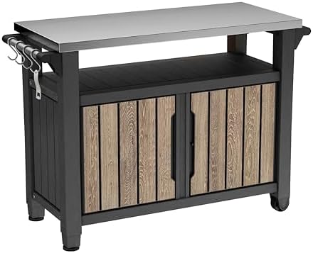 Keter Unity XL Outdoor Entertainment Cart with Wood‑Look Finish, 78‑Gallon Patio Storage Cabinet, Food Prep Station, Stainless‑Steel Top for BBQ, Grill, Patio, Deck & Backyard, Ashwood by Unknown