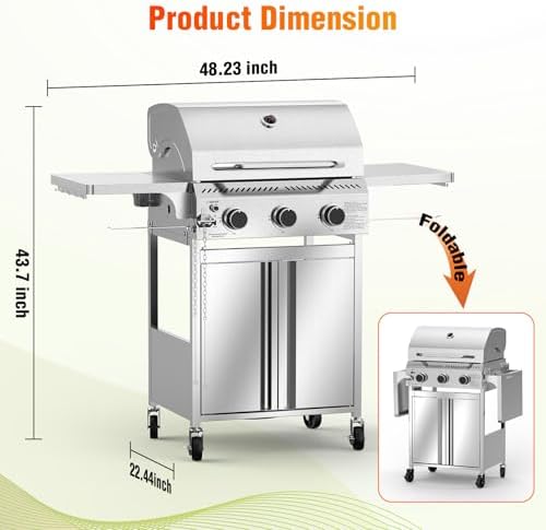 Electactic G31 Gas Grill, 3-Burner Gas Grill with Folding Side Tables,Stainless Steel 24,000 BTU BBQ Grill,Outdoor Propane Grill for Barbecue,Patio,Camping - Image 6