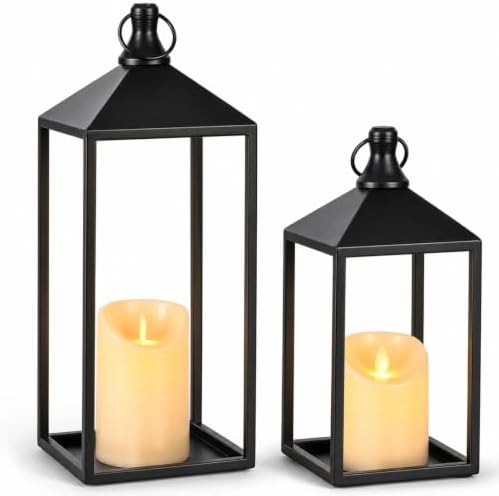 2 Pcs Black Decorative Metal Lanterns Farmhouse Lantern Decor with Candles by MATAHUMbeyourbetterchoice
