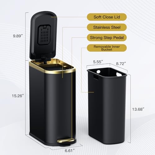 CEROELDA Small Bathroom Trash Can with Lid-10L/2.6 Gal-Soft Close Lid-Black - Image 5