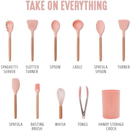 GreenLife 11 Piece Silicone Utensil Crock Set, Nonstick Kitchen Tools, Ladle, Turner, Slotted Turner, Spatula, Spoon, Spaghetti Server, Brush, Whisk, Tongs, Crock, Dusty Pink - Image 3