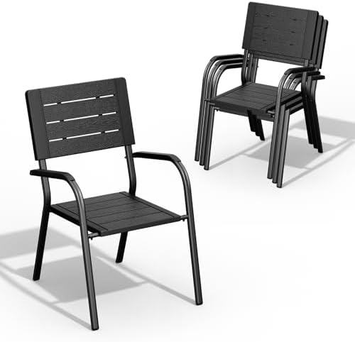 VINGLI Outdoor Patio Dining Chairs, Stackable HDPE All-Weather Arm Chairs, Weatherproof Outdoor Seating for Garden, Backyard, Poolside, Balcony,Black (4 Pack) by VINGLI