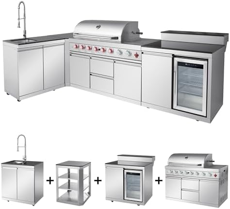 153'' 6-Burner 95500 BTU Propane Gas Outdoor Grill Island, 304 Stainless Steel, Sink + Double-Door Cabinet, Refrigerator, 3-Tier Corner Cabinet, For Backyard BBQ, Sliver - Image 3