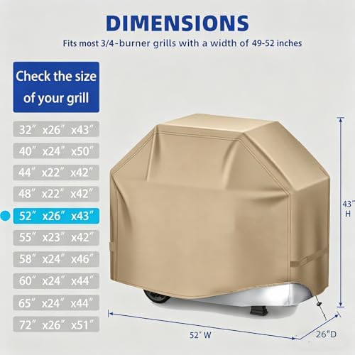 BBQ Gas Grill Cover for Outdoor, Anti-UV, Rip-Proof, 600D Oxford Fade Resistant Material, Barbecue Cover with Hook and Loop Straps & Adjustable Hem Drawstring (Beige, 52”x26”x43”) - Image 2