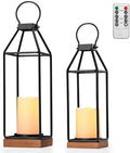 Perfnique Metal Lanterns w/ Pine Wood, Set of 2 Farmhouse Lantern Decorative w/ Waterproof Flameless Candle & Remote Timer, Modern Farmhouse Candle Holder for Outdoor, Porch, Fireplace(Wood Base) by PERFNIQUE
