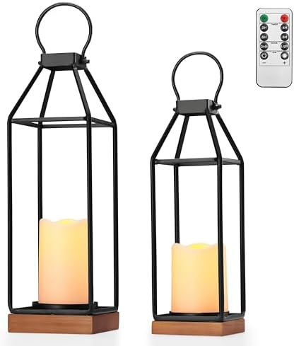 Perfnique Metal Lanterns w/ Pine Wood, Set of 2 Farmhouse Lantern Decorative w/ Waterproof Flameless Candle & Remote Timer, Modern Farmhouse Candle Holder for Outdoor, Porch, Fireplace(Wood Base) by PERFNIQUE