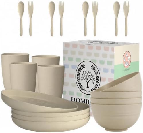 Homienly Wheat Straw Dinnerware Sets, 20pcs Lightweight Unbreakable Dinnerware, Microwave Dishwasher Safe Bowls Cups Forks Spoons set,Perfect for Camping Outdoor, Beige by HOMIENLY