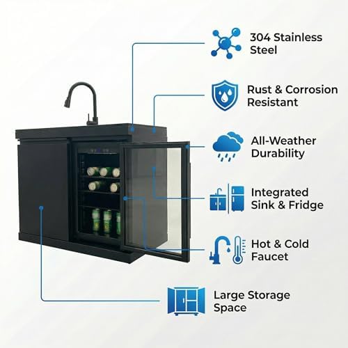 Sink and Fridge Combo for Outdoor Kitchen, 70L Refrigerator and Sink with Pull-Down Faucet, Brushed SS and Black Granite Countertops, All-in-One BBQ Island Cleaning Station (Black) - Image 5