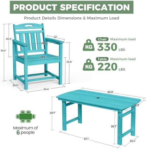 HDPE Outdoor Dining Set, Patio Table and 6 Chairs, 2" Umbrella Hole, Lake - Image 2